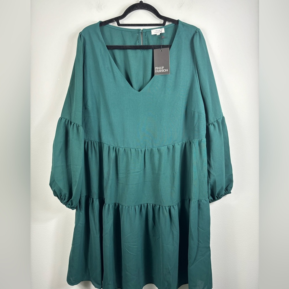 NWT Pinup Fashion Green Dress Bell Sleeve V-neck A-line
